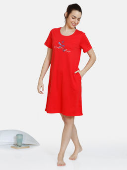 Zivame - Color Me Happy Knit Cotton Knee Length Nightdress - Poppy Red