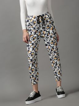 SHOWOFFFF - Women's Flat-front Floral Multi Regular Fit Cotton Trousers