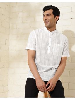 Fabindia - Men White Striped Mandarin Collar Kurta