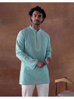Fabindia - Men Blue Striped Mandarin Collar Kurta