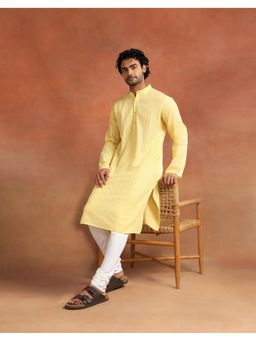 Fabindia - Men Yellow Embroidered Mandarin Collar Kurta