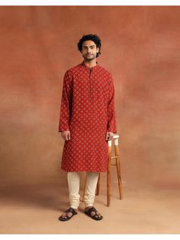 Fabindia - Men Red Geometric Printed Mandarin Collar Kurta