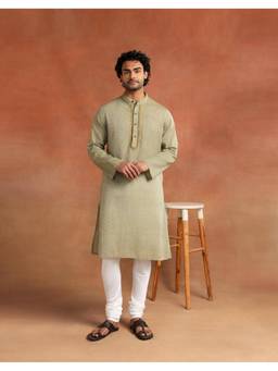Fabindia - Men Olive Solid Mandarin Collar Kurta