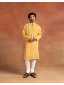 Fabindia - Men Mustard Striped Mandarin Collar Kurta