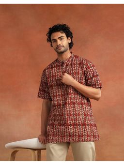 Fabindia - Men Maroon Printed Mandarin Collar Kurta