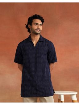 Fabindia - Men Navy Blue Woven Design Collared Neck Kurta