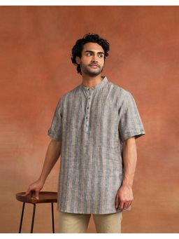 Fabindia - Men Grey Striped Mandarin Collar Kurta