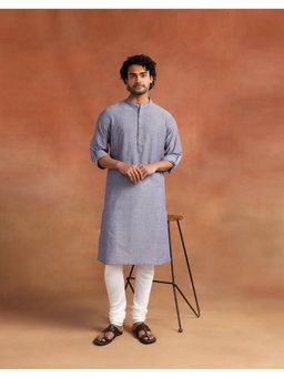 Fabindia - Men Blue Woven Design Mandarin Collar Kurta