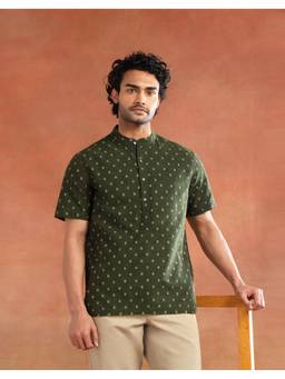 Fabindia - Men Green Printed Mandarin Collar Kurta