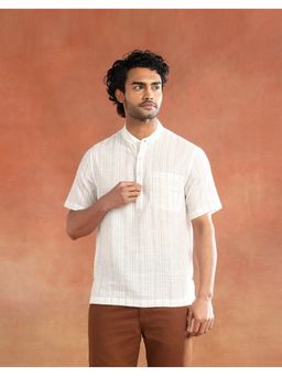 Fabindia - Men White Striped Mandarin Collar Kurta