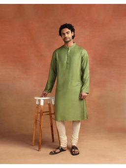 Fabindia - Men Green Solid Mandarin Collar Kurta