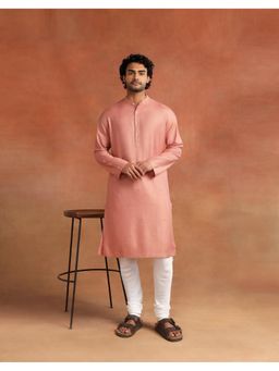 Fabindia - Men Pink Embroidered Mandarin Collar Kurta