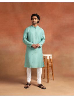 Fabindia - Men Mint Green Embroidered Mandarin Collar Kurta