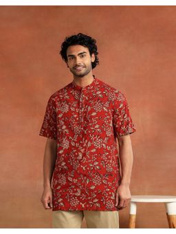 Fabindia - Men Red Printed Mandarin Collar Kurta