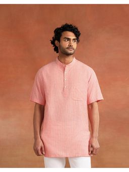 Fabindia - Men Pink Striped Mandarin Collar Kurta