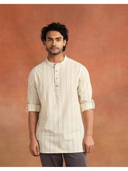 Fabindia - Men Off White Striped Mandarin Collar Kurta