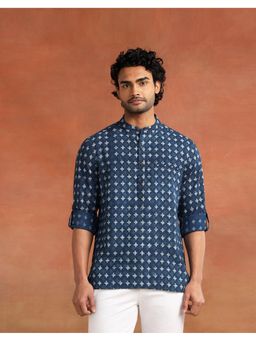 Fabindia - Men Navy Blue Printed Mandarin Collar Kurta