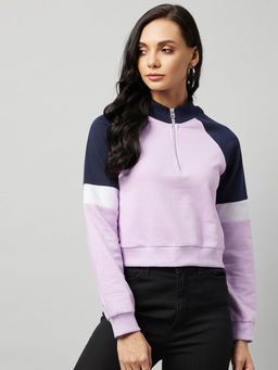 Marie Claire - Women Casual Lavender Colourblocked Mock Collared Crop Sweatshirt