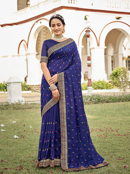 Odette - Dark Blue Vichitra Embroidered Saree with Unstitched Blouse