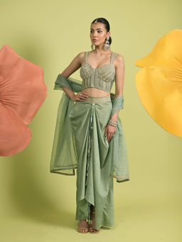 RISHI & VIBHUTI - Green Matcha Corset with Skirt and Dupatta (Set of 3)