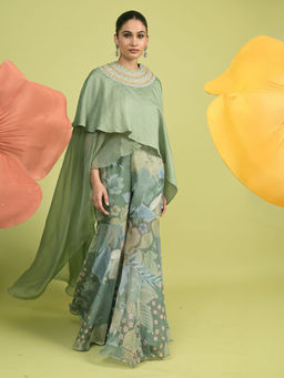 RISHI & VIBHUTI - Green Aurora Bloom Cape with Sharara (Set of 2)