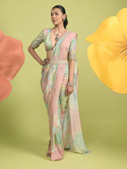 RISHI & VIBHUTI - Pink Blossom Pre-Draped Saree with Stitched Blouse