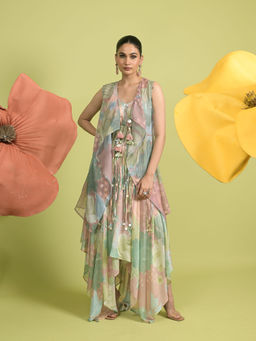 RISHI & VIBHUTI - Pink Asymmetrical Crescents Maxi Dress with Jacket and Belt (Set of 3)