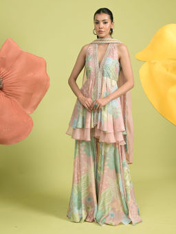 RISHI & VIBHUTI - Pink Misty Rose Peplum Top with Sharara and Dupatta (Set of 3)