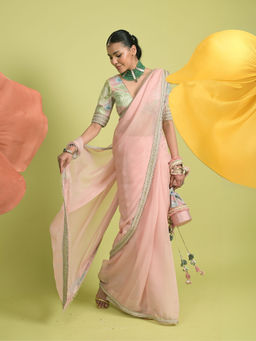 RISHI & VIBHUTI - Pink Elysian Saree with Stitched Blouse and Petticoat