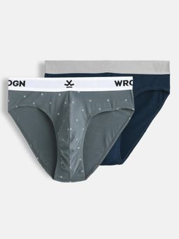WROGN - Men Grey-Blue Pure Cotton Solid and Printed Briefs (Pack of 2)
