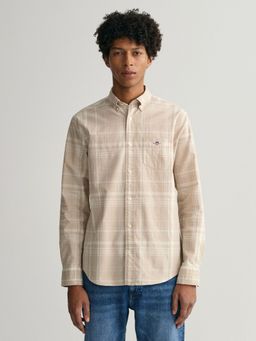 GANT - Men Beige Check Regular Cotton Linen Check Shirt
