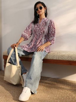 Libas - Mauve Floral Printed Panelled A-Line Kurti