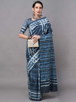 Akhilam - Women Bhagalpuri Silk Navy Blue Printed Designer Saree with Unstitched Blouse
