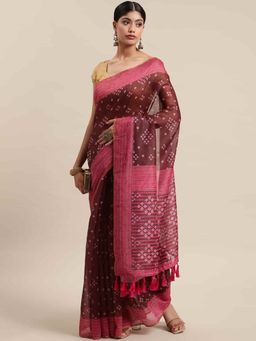 Silk Land - Bandhani Digital Printed Saree with Unstiched Blouse Piece Brown with Unstitched