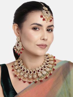 Peora - Gold Plated Kundan Pearls Necklace Earring Maangtikka Traditiona Jewellery Set