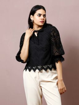 AAREIN - Black Tie-Up Neck Lace Top