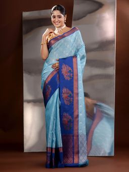 CHARUKRITI - Ice Blue Tanchoi Zari Handwoven Saree with Unstitched Blouse