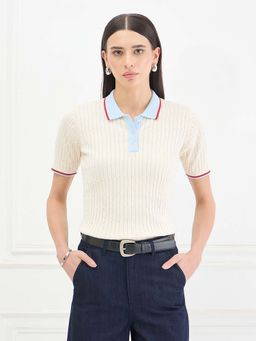 ELLE - Women Cotton Cream Polo T-Shirt