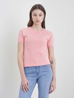 ELLE - Women Pink Textured T-Shirt