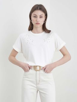 ELLE - Women White Solid T-Shirt