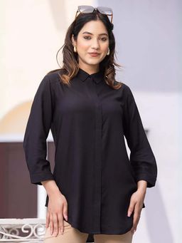 MLADA - Black Rayon Regular Fit Solid Three Fourth Sleeves Shirt