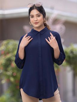MLADA - Navy Blue Rayon Regular Fit Solid Three Fourth Sleeves Shirt