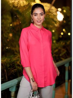 MLADA - Pink Rayon Regular Fit Solid Three Fourth Sleeves Shirt