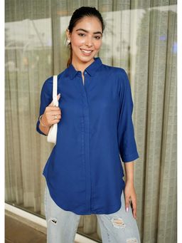 MLADA - Blue Rayon Regular Fit Solid Three Fourth Sleeves Shirt