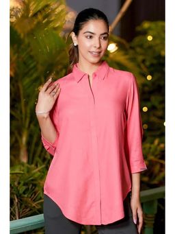 MLADA - Peach Rayon Regular Fit Solid Three Fourth Sleeves Shirt