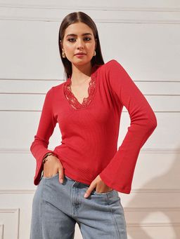 STREET 9 - Red Cotton Full Sleeves Solid V-Neck Top