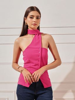 STREET 9 - Pink Polyester Sleeveless Solid Halter Neck Top