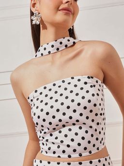 STREET 9 - White Satin Sleeveless Polka Dots Halter Neck Crop Top