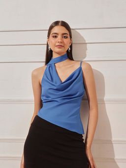 STREET 9 - Blue Polyester Sleeveless Solid Halter Neck Top