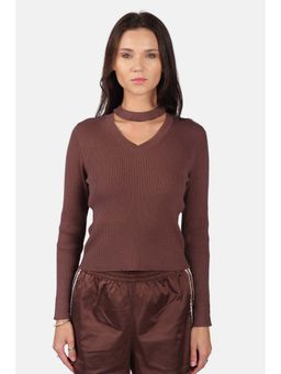 Virgio - Self Design Viscose Cut Out V Neck Full Sleeve Knit Top For Women